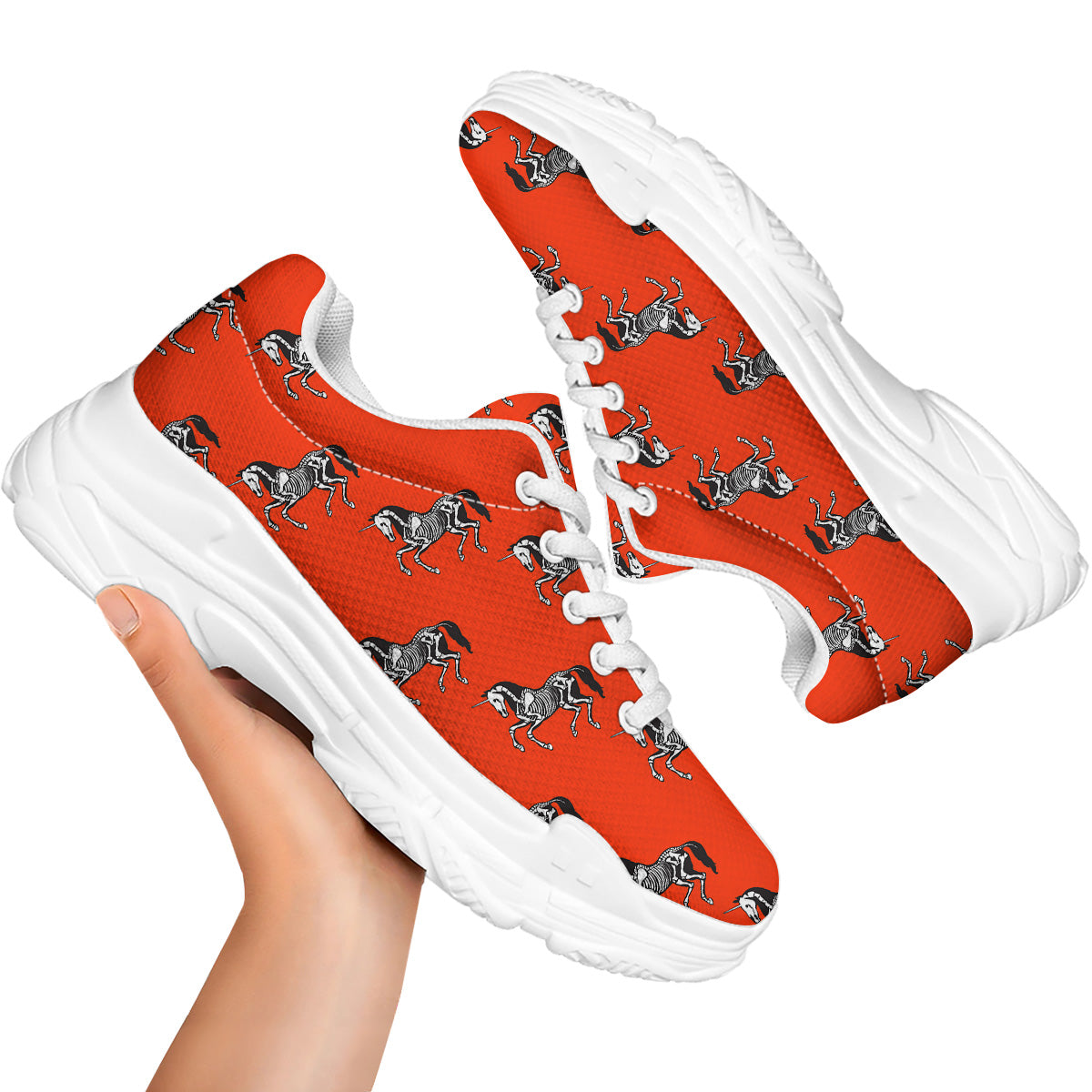 Red Unicorn Skeleton Print Pattern White Chunky Shoes-grizzshop