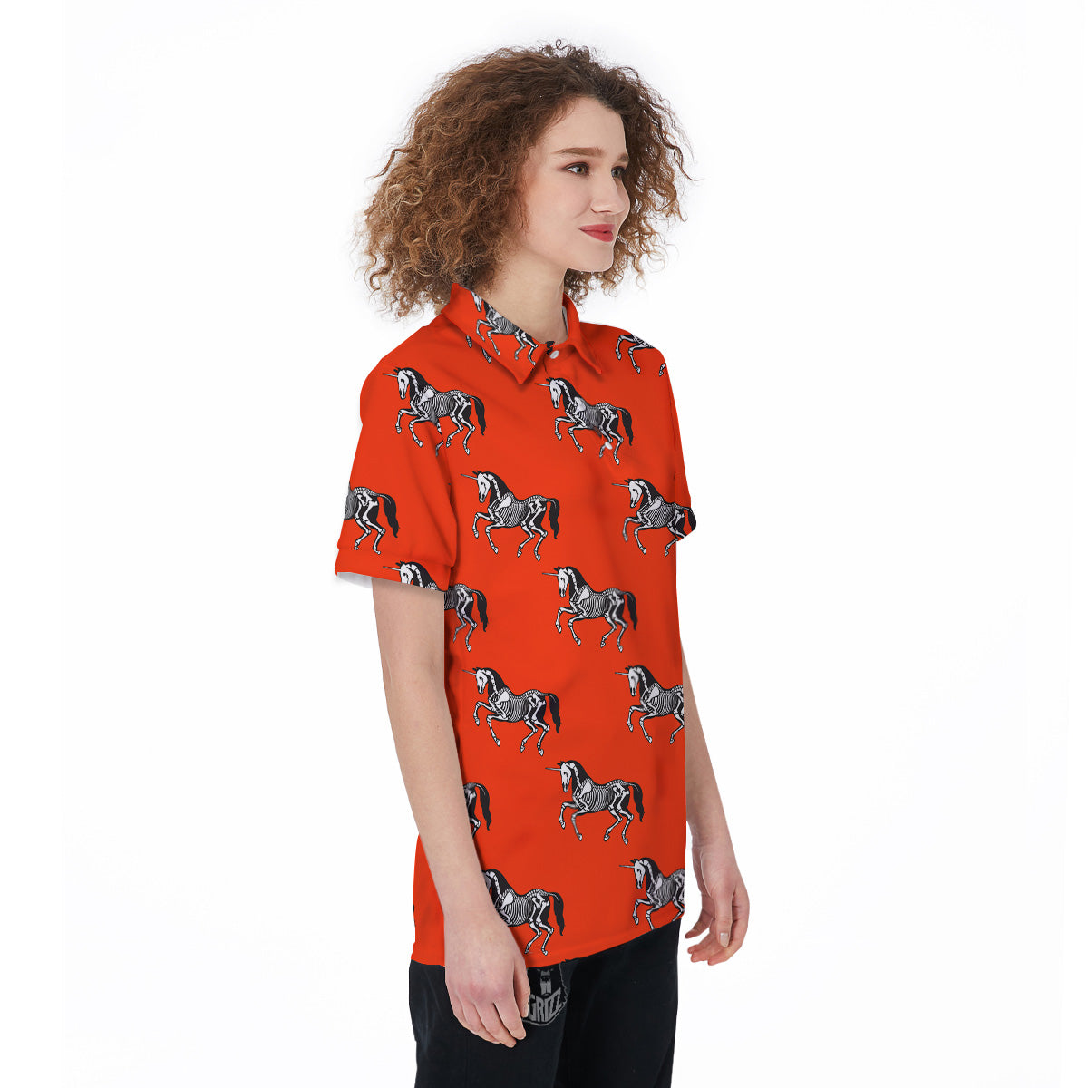 Red Unicorn Skeleton Print Pattern Women's Golf Shirts-grizzshop