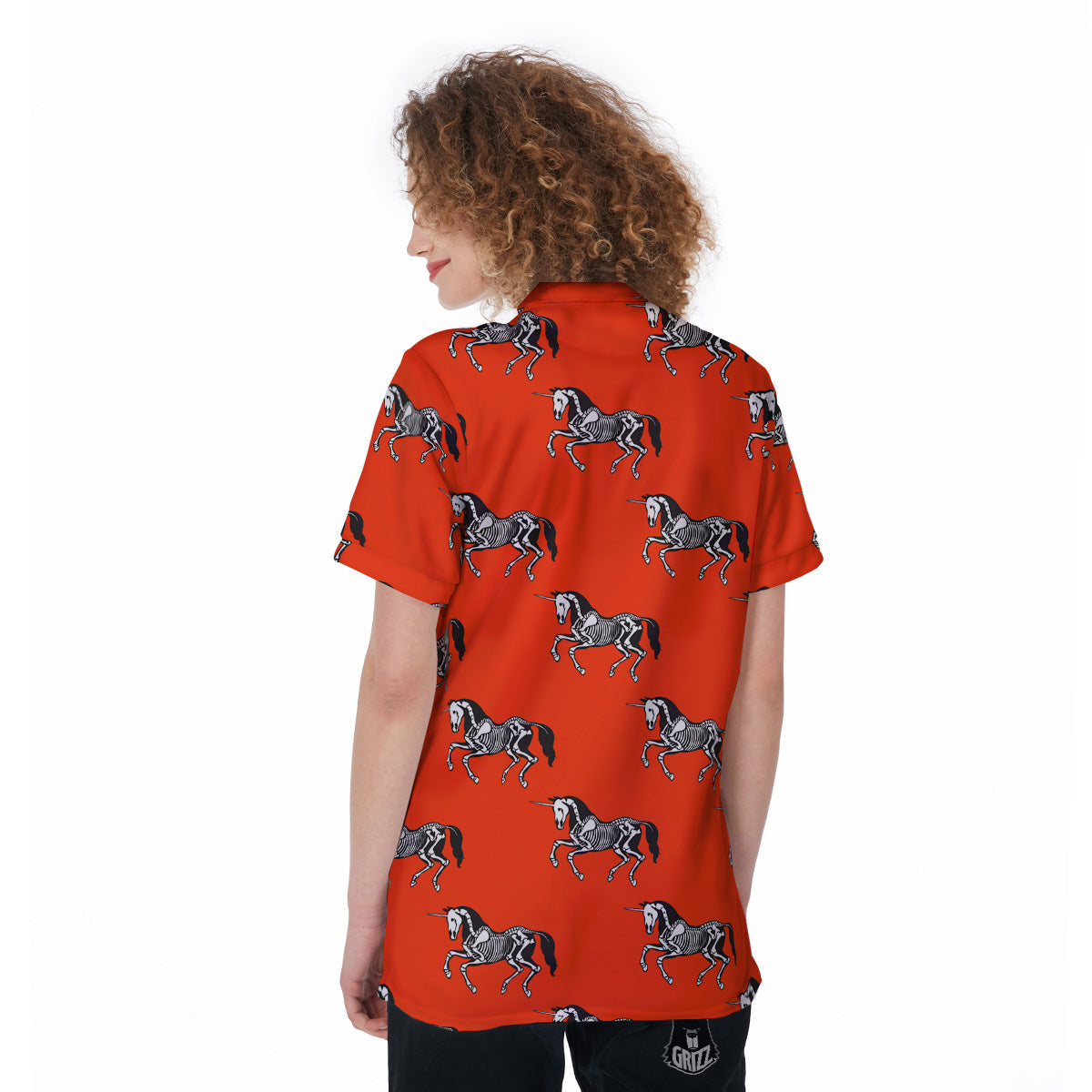 Red Unicorn Skeleton Print Pattern Women's Golf Shirts-grizzshop