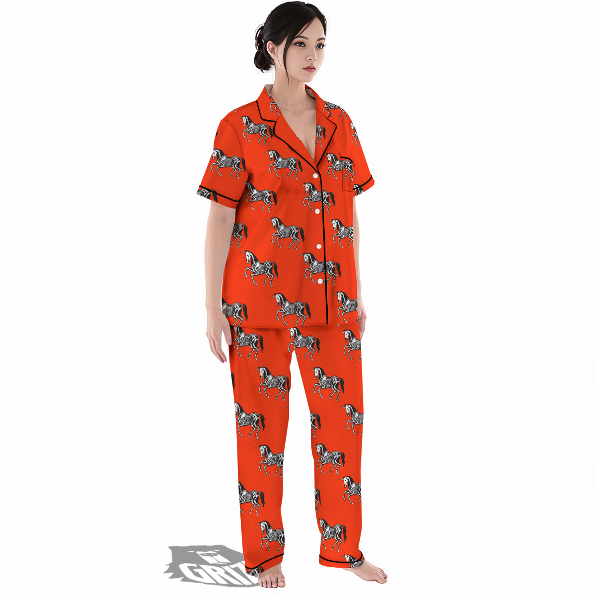 Red Unicorn Skeleton Print Pattern Women's Pajamas Set-grizzshop