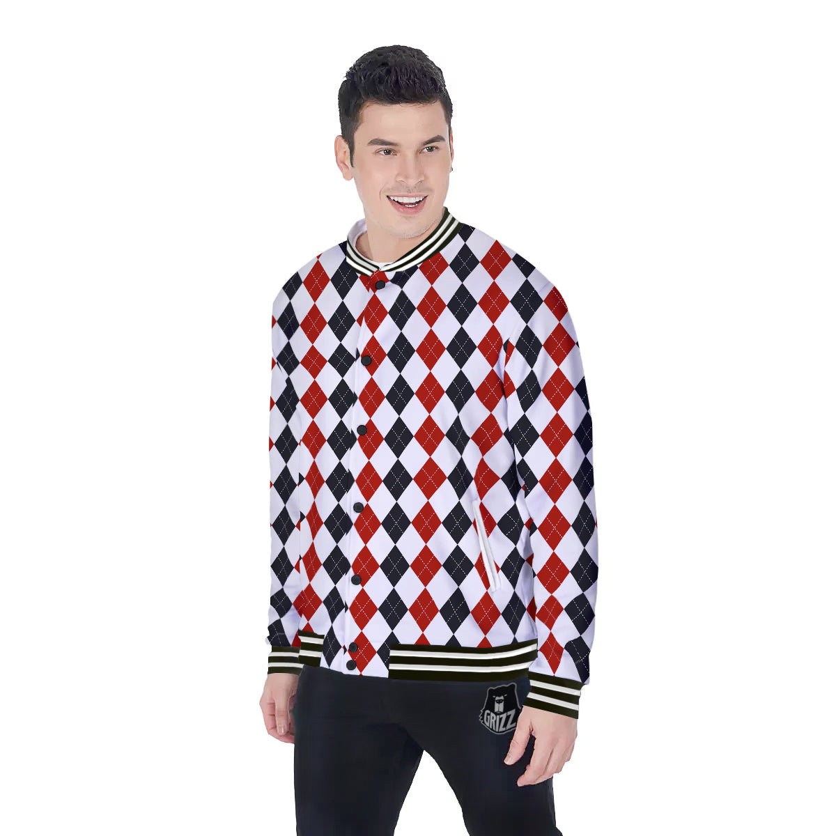 Red White And Black Argyle Print Pattern Baseball Jacket-grizzshop