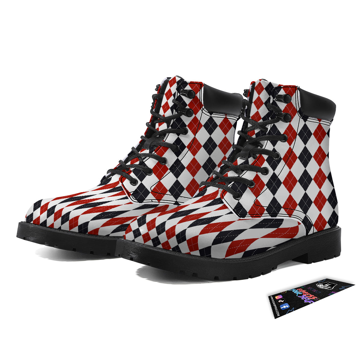 Red White And Black Argyle Print Pattern Boots-grizzshop