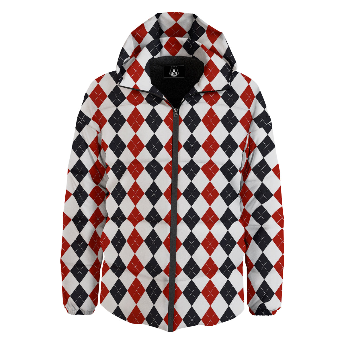 Red White And Black Argyle Print Pattern Down Jacket-grizzshop