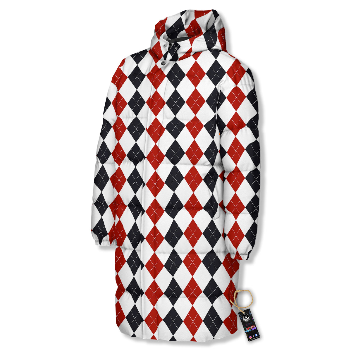 Red White And Black Argyle Print Pattern Long Down Jacket-grizzshop