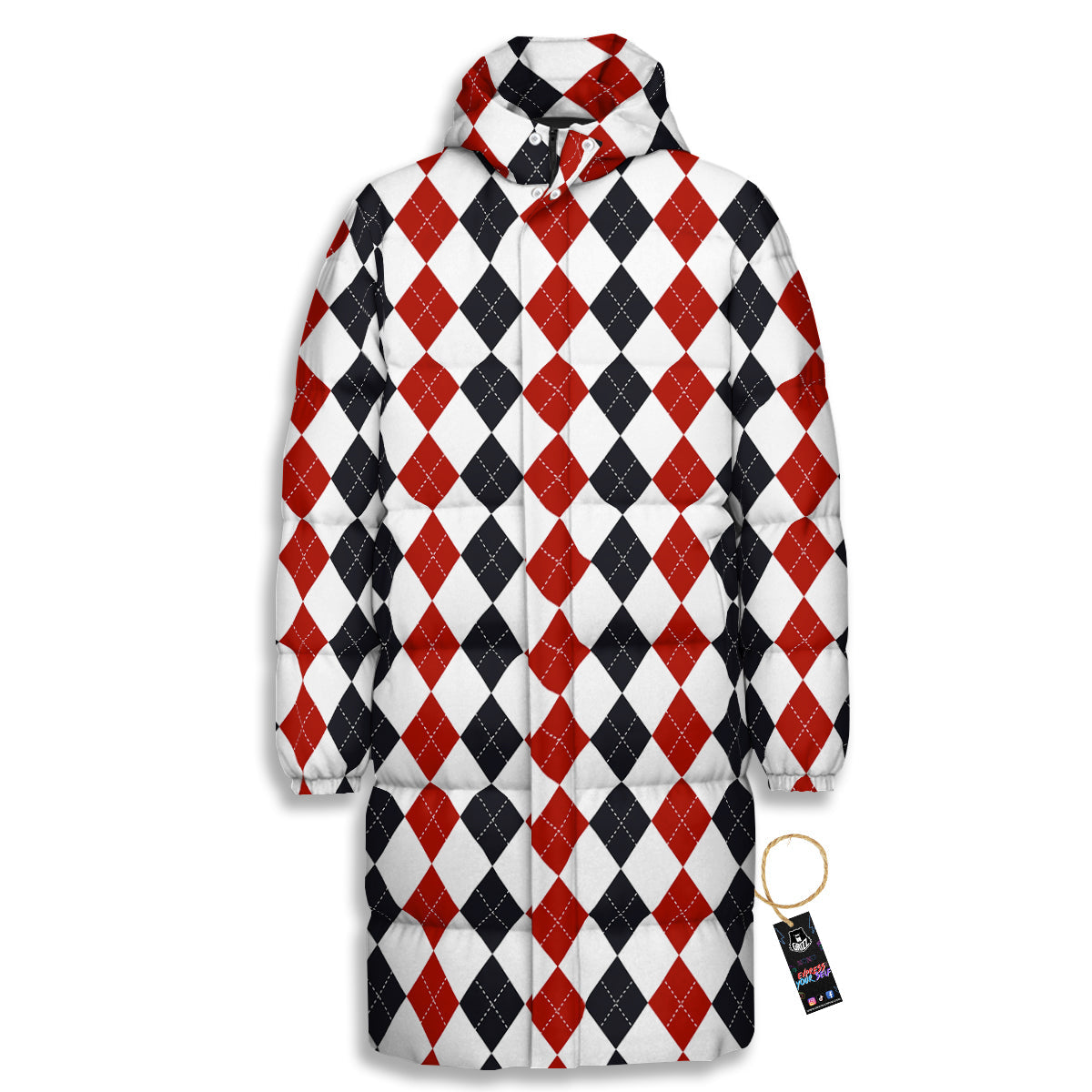 Red White And Black Argyle Print Pattern Long Down Jacket-grizzshop