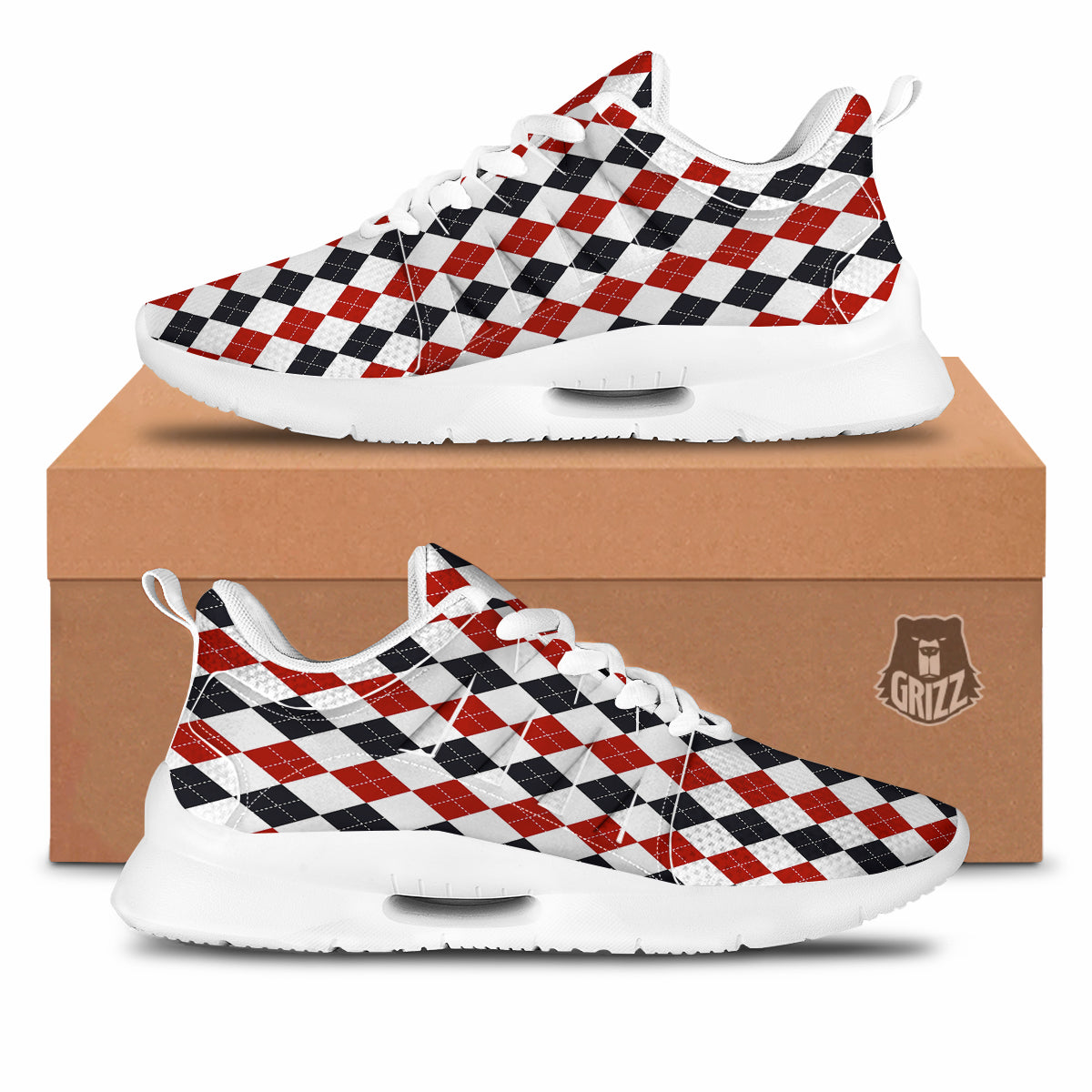 Red White And Black Argyle Print Pattern Tennis Shoes-grizzshop