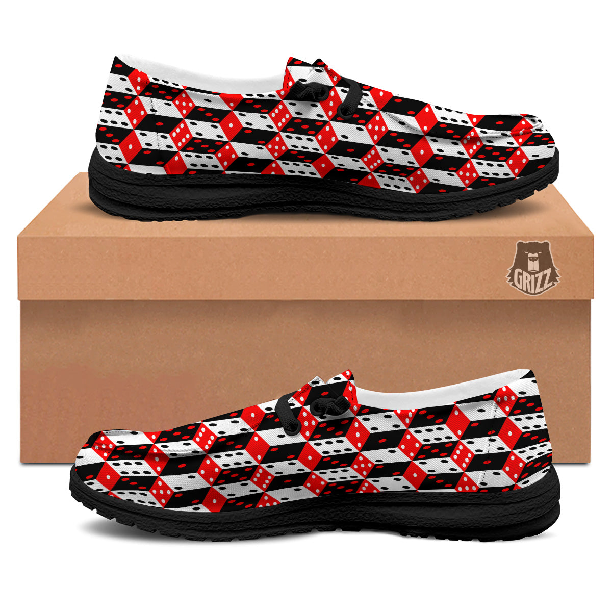 Red White And Black Dice Print Pattern Black Loafers-grizzshop