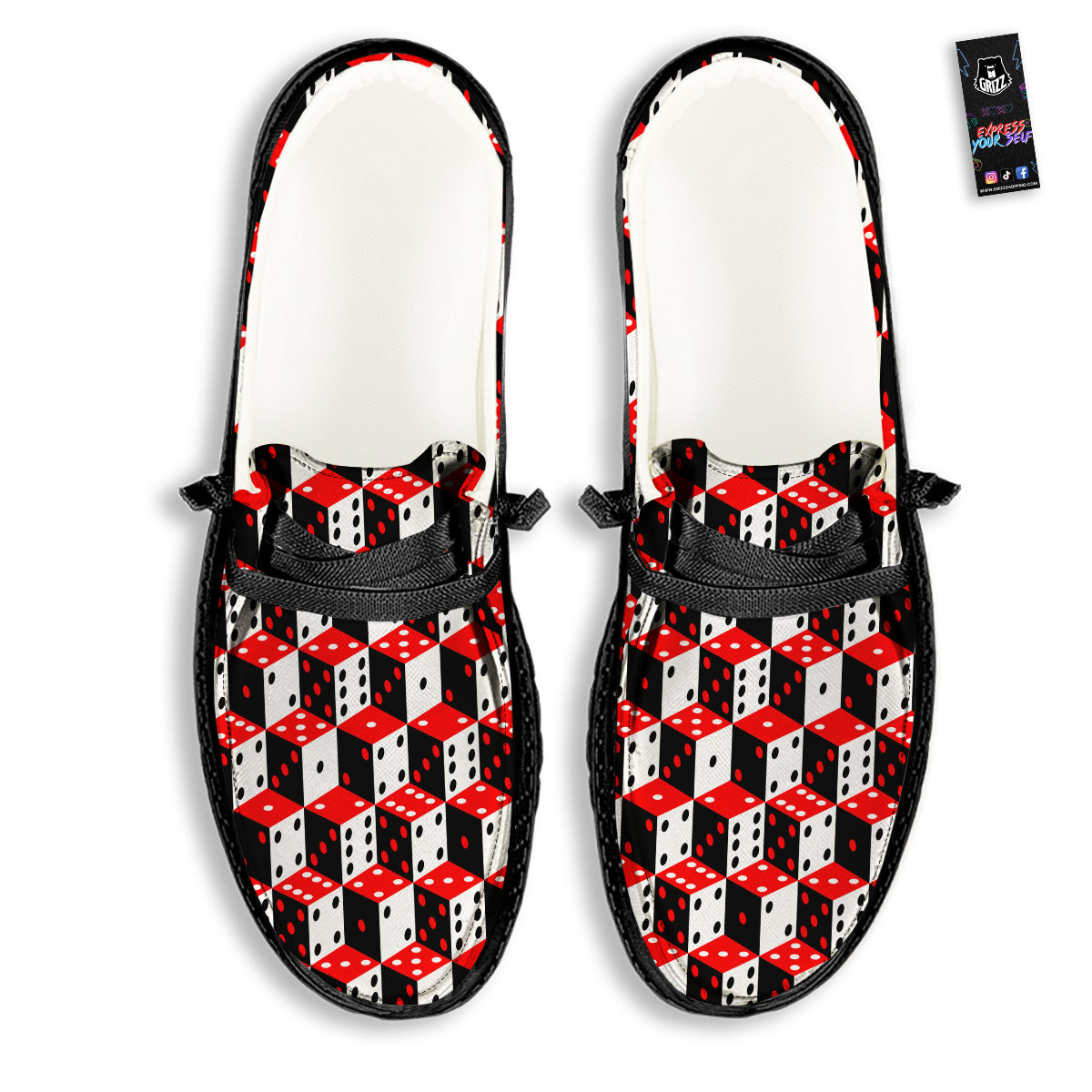 Red White And Black Dice Print Pattern Black Loafers-grizzshop