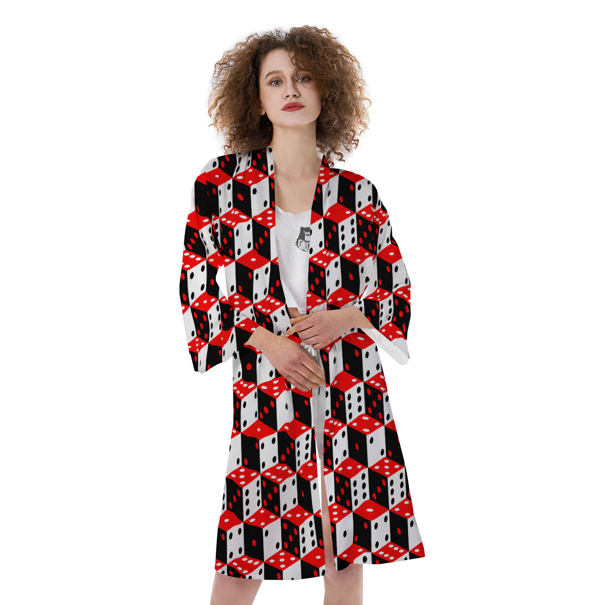 Red White And Black Dice Print Pattern Kimono-grizzshop