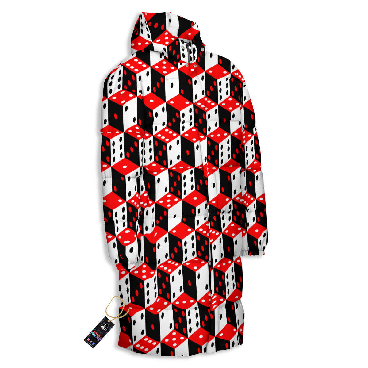 Red White And Black Dice Print Pattern Long Down Jacket-grizzshop