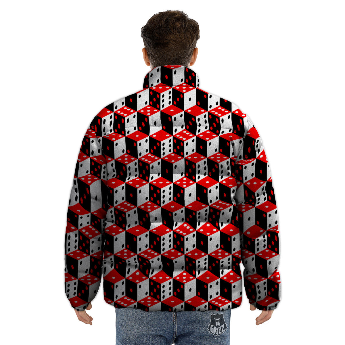 Red White And Black Dice Print Pattern Puffer Jacket-grizzshop