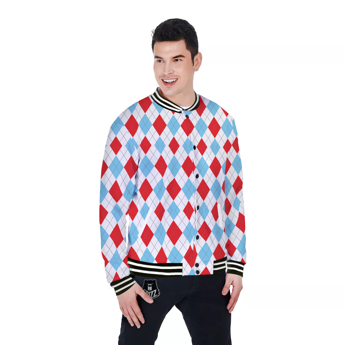 Red White And Blue Argyle Print Pattern Baseball Jacket-grizzshop