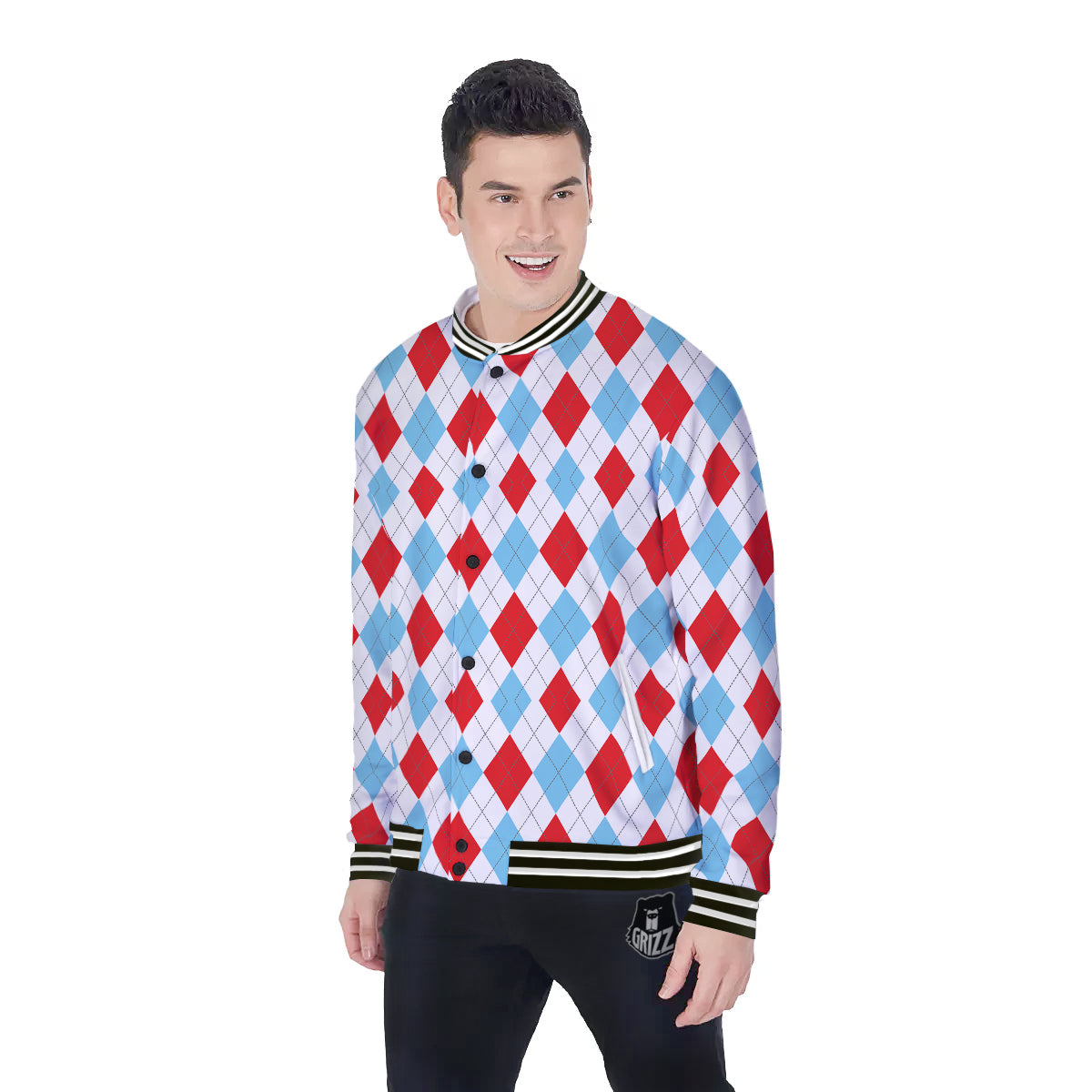Red White And Blue Argyle Print Pattern Baseball Jacket-grizzshop
