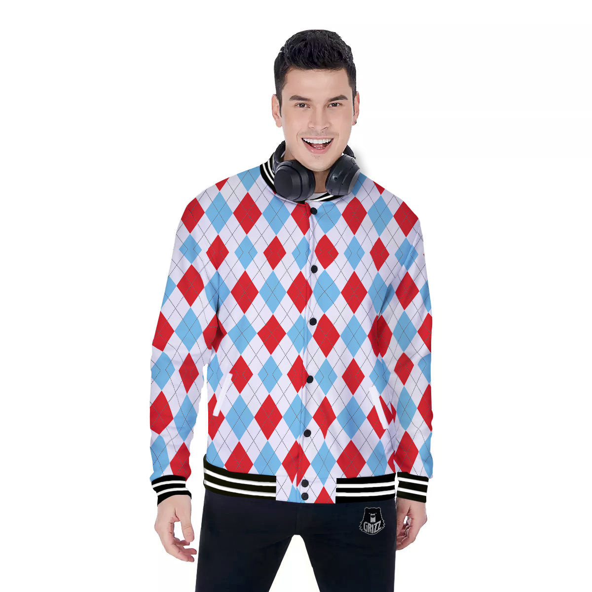 Red White And Blue Argyle Print Pattern Baseball Jacket-grizzshop