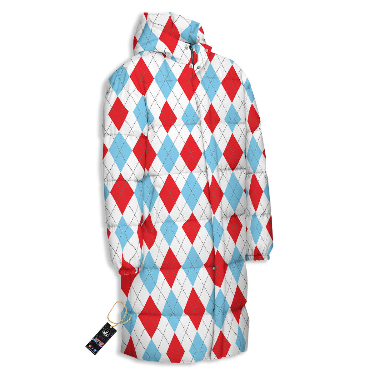 Red White And Blue Argyle Print Pattern Long Down Jacket-grizzshop