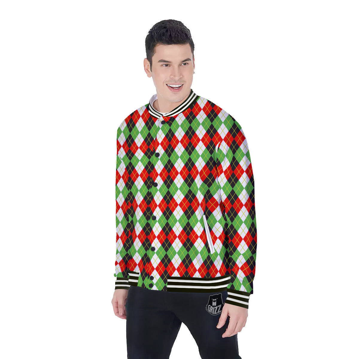 Red White And Green Argyle Print Pattern Baseball Jacket-grizzshop