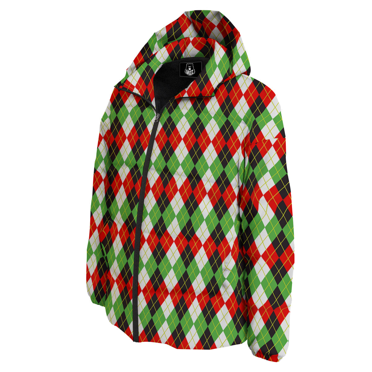 Red White And Green Argyle Print Pattern Down Jacket-grizzshop