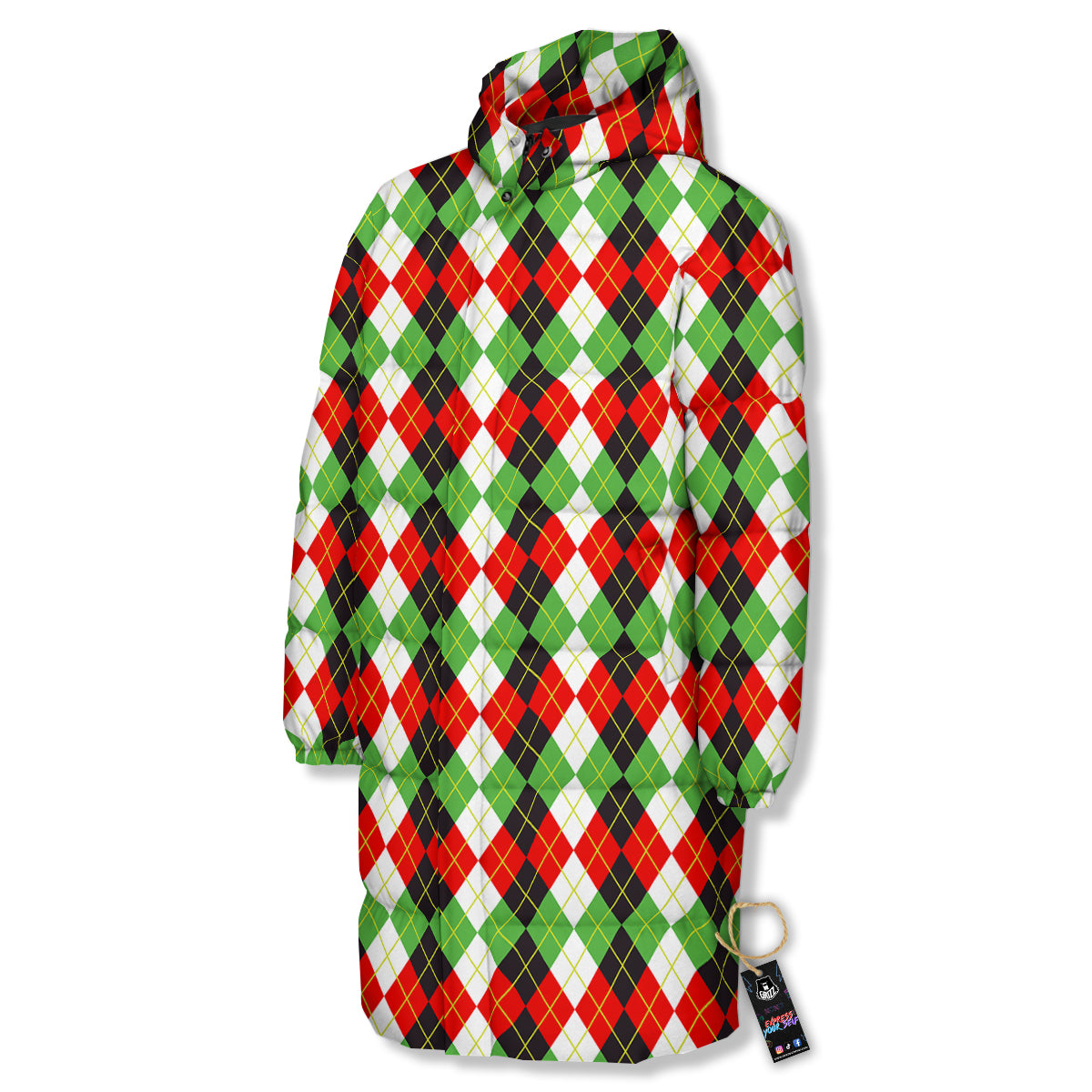 Red White And Green Argyle Print Pattern Long Down Jacket-grizzshop