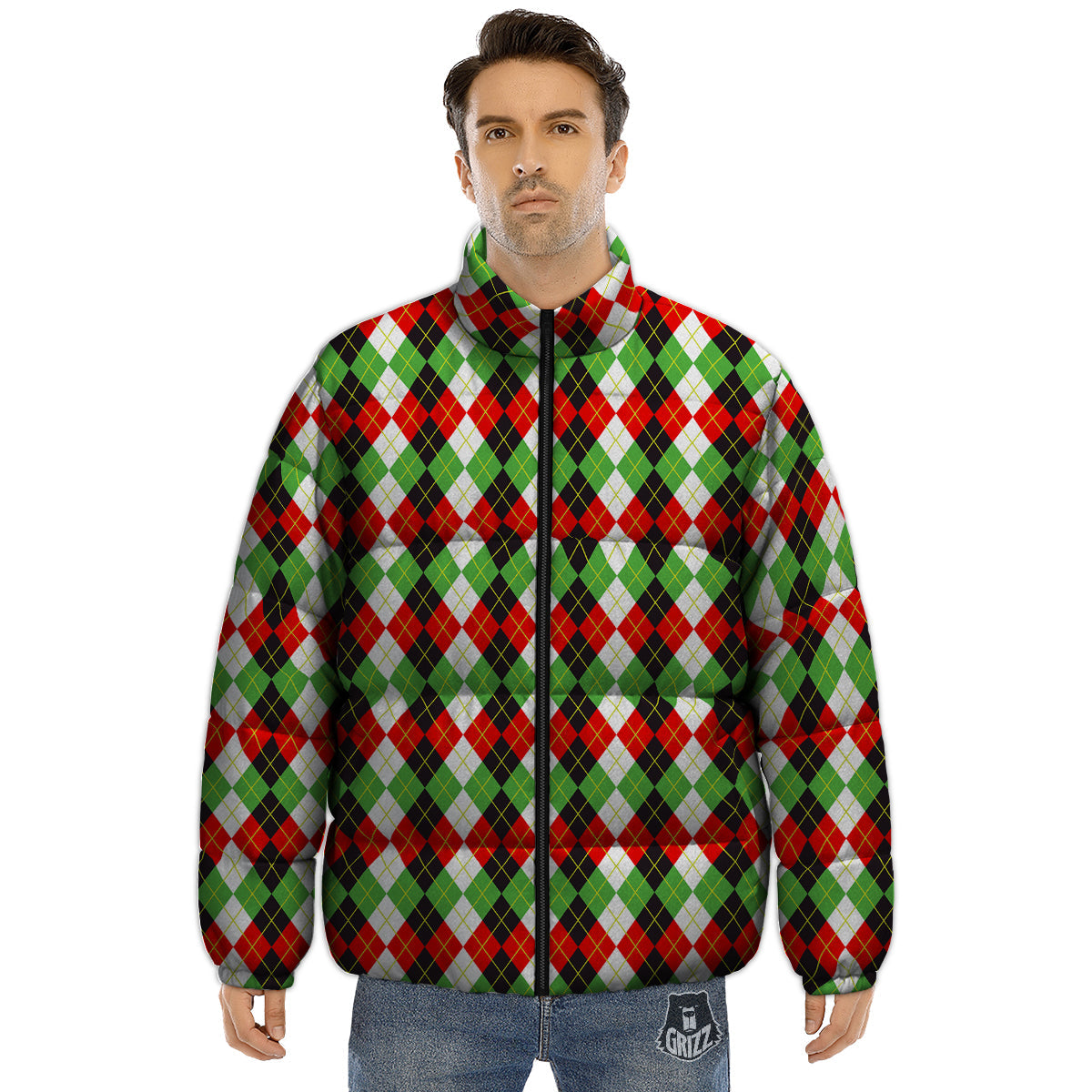 Red White And Green Argyle Print Pattern Puffer Jacket-grizzshop