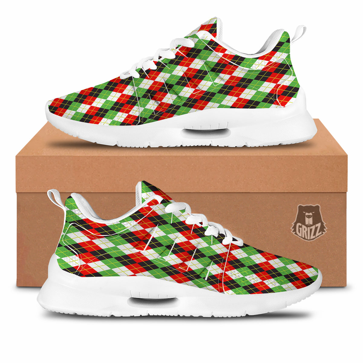 Red White And Green Argyle Print Pattern Tennis Shoes-grizzshop