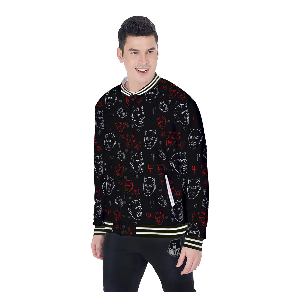 Red White Satan Head Print Pattern Baseball Jacket-grizzshop