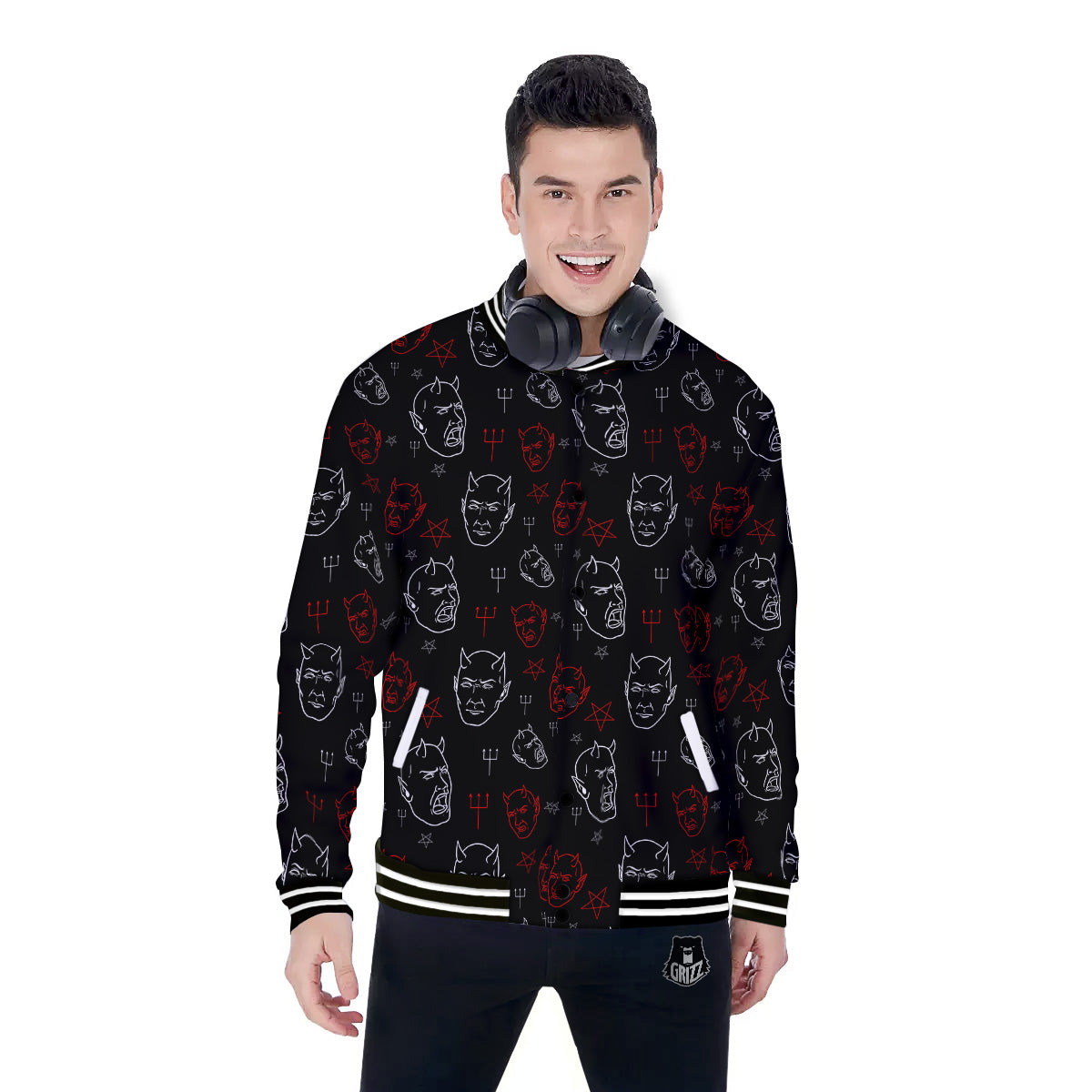 Red White Satan Head Print Pattern Baseball Jacket-grizzshop