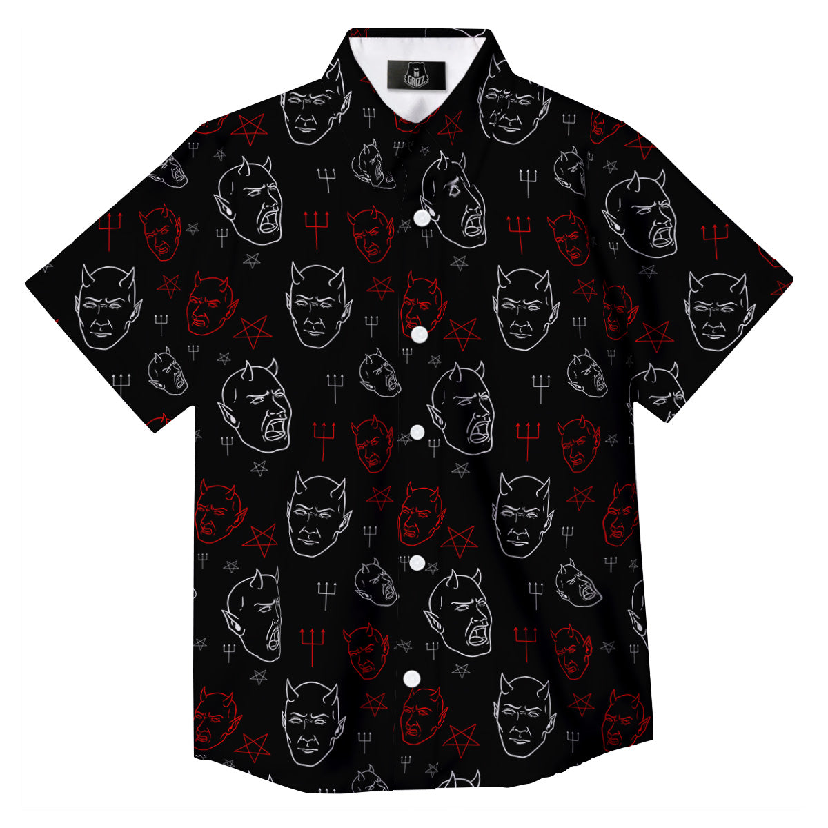 Red White Satan Head Print Pattern Button Up Shirt-grizzshop
