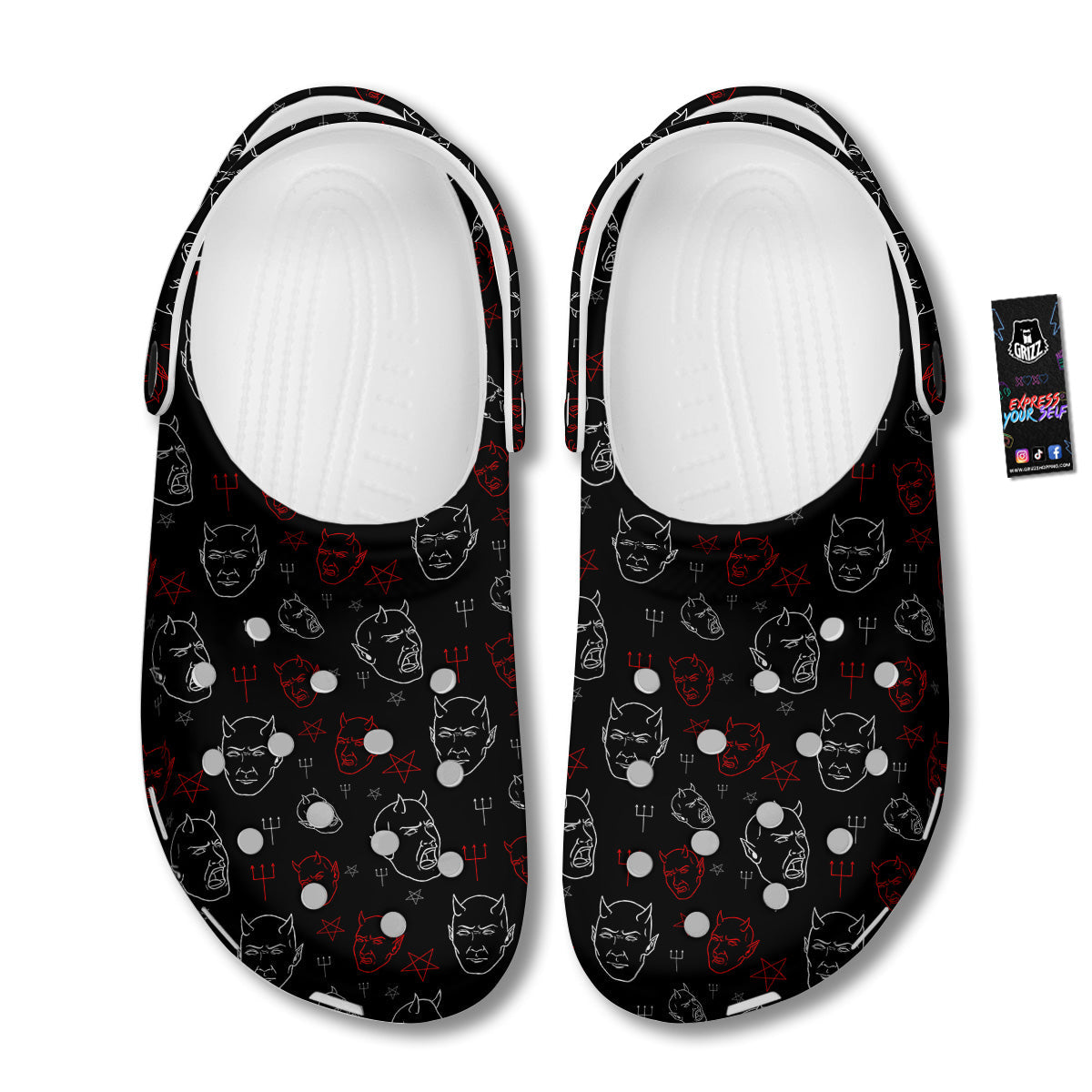 Red White Satan Head Print Pattern Clog-grizzshop