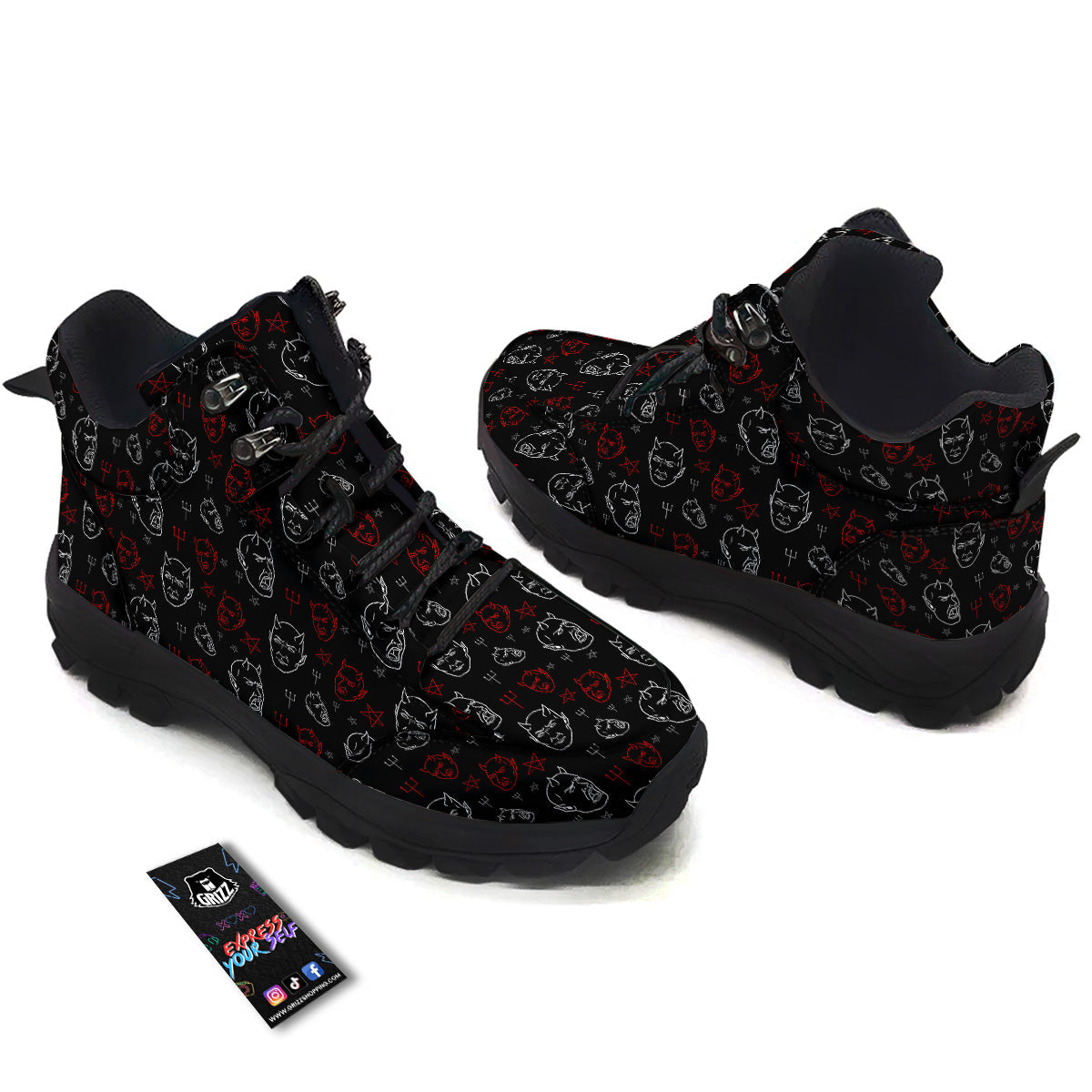 Red White Satan Head Print Pattern Hiking Shoes-grizzshop