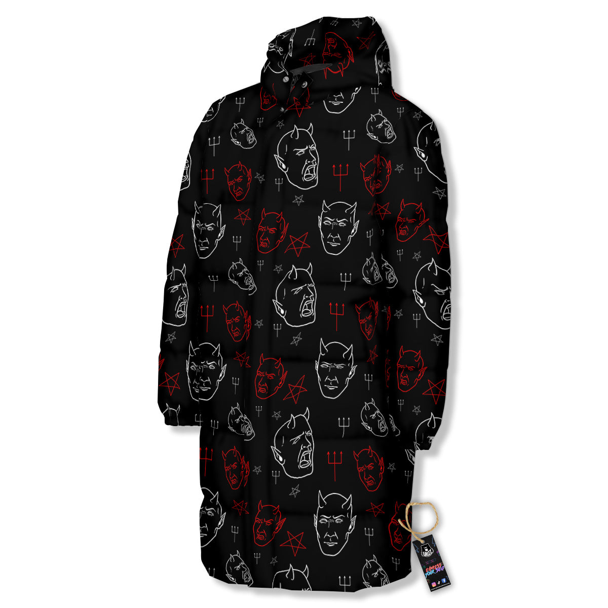Red White Satan Head Print Pattern Long Down Jacket-grizzshop