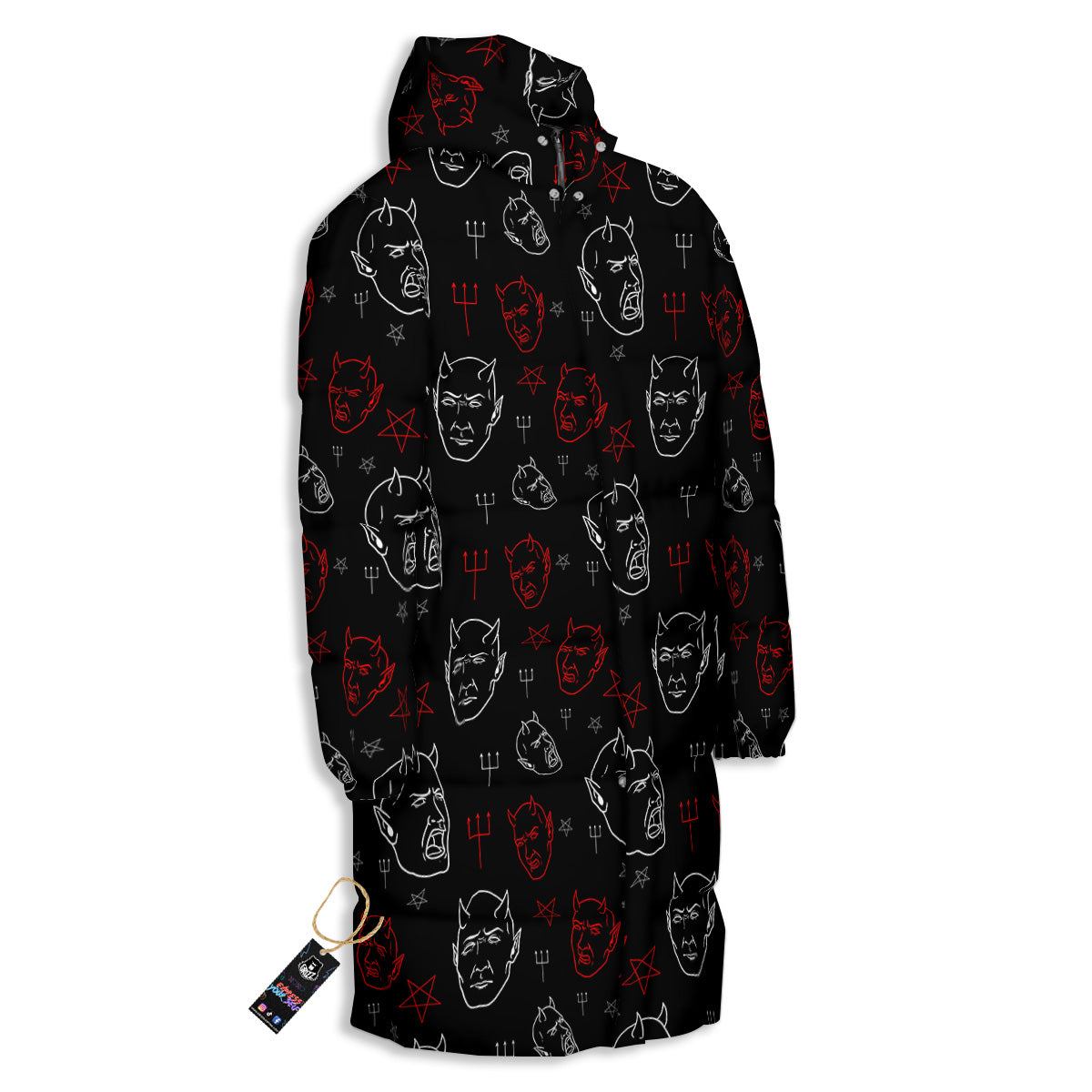 Red White Satan Head Print Pattern Long Down Jacket-grizzshop