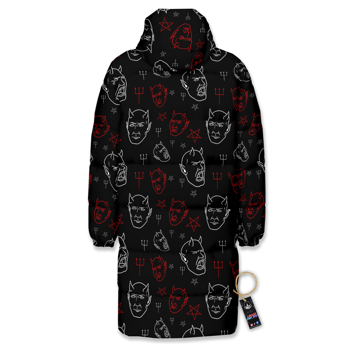Red White Satan Head Print Pattern Long Down Jacket-grizzshop