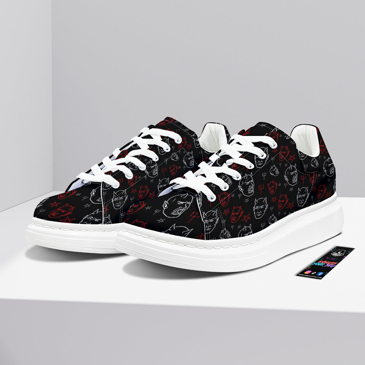 Red White Satan Head Print Pattern Platform Shoes-grizzshop