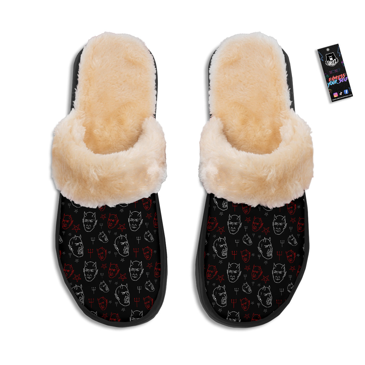Red White Satan Head Print Pattern Slippers-grizzshop