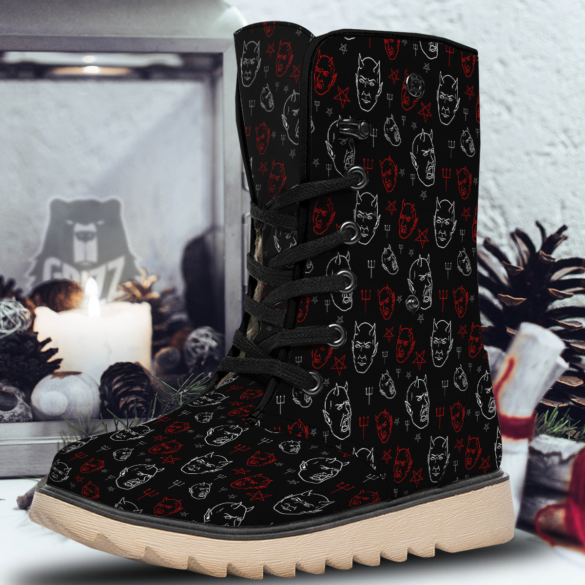 Red White Satan Head Print Pattern Snow Boots-grizzshop