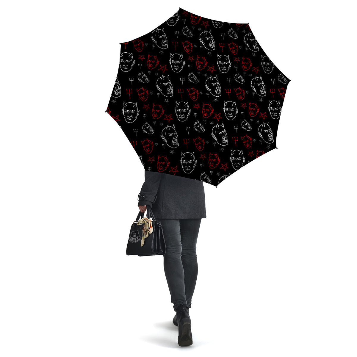 Red White Satan Head Print Pattern Umbrella-grizzshop