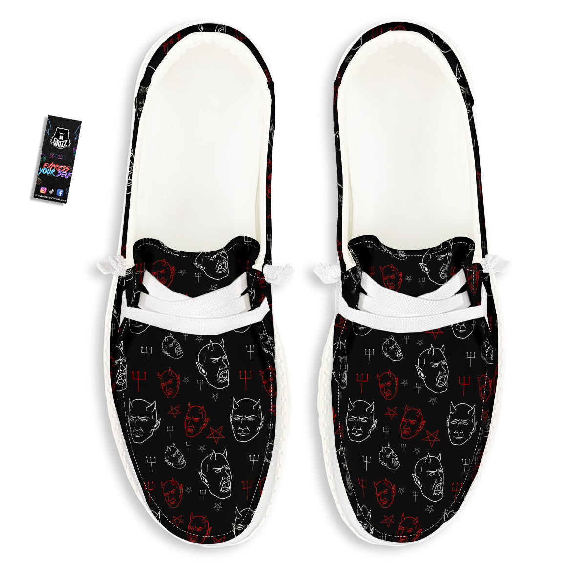 Red White Satan Head Print Pattern White Loafers-grizzshop