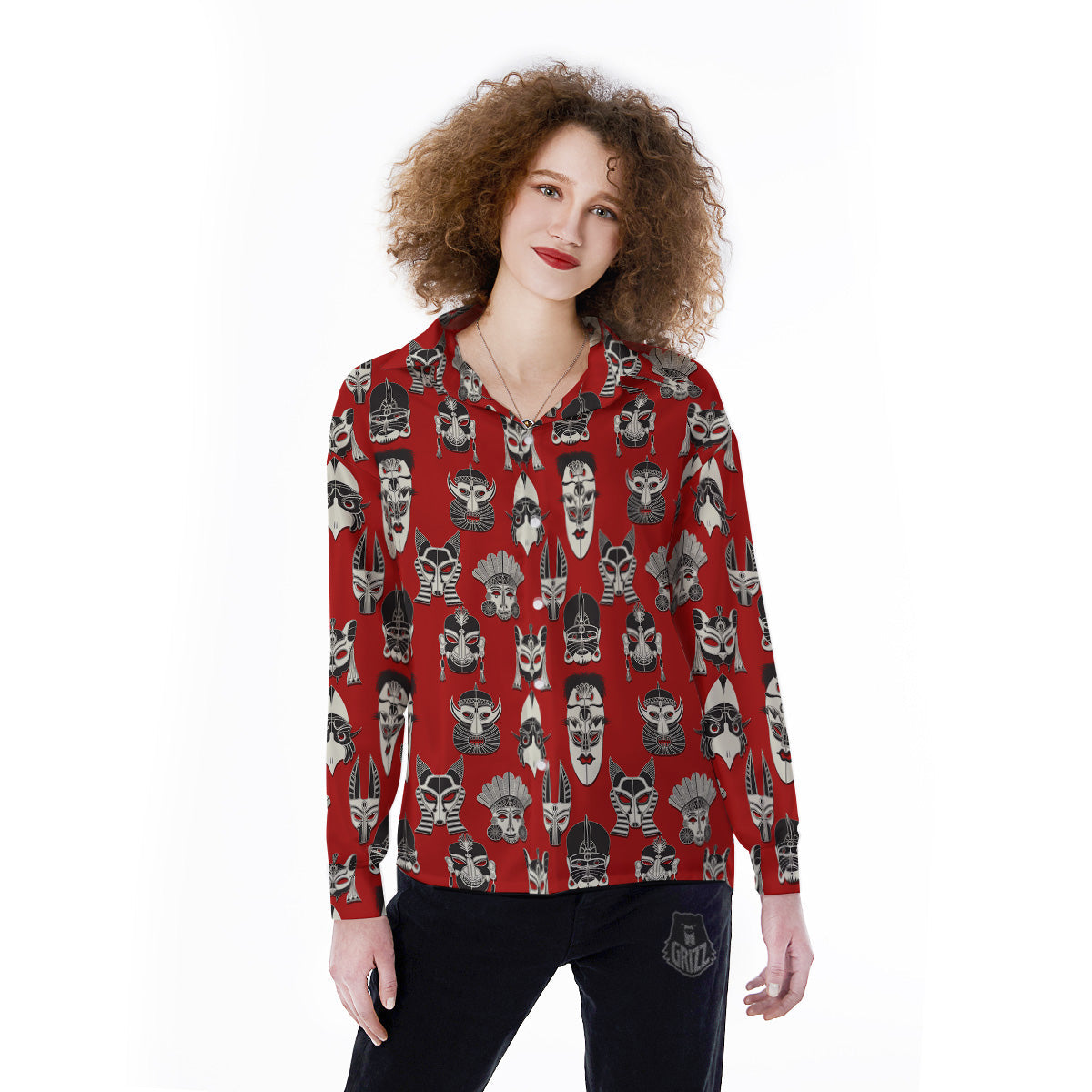 Red White Tribal Mask Print Pattern Women's Long Sleeve Shirts-grizzshop