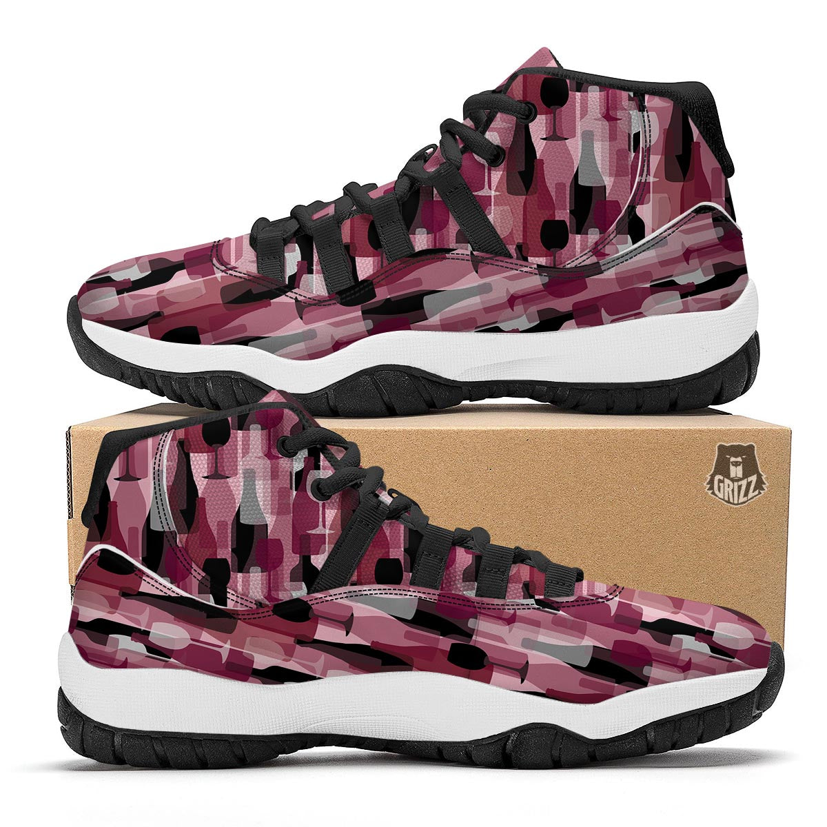 Red Wine Botttle Pattern Print Black Bball Shoes-grizzshop