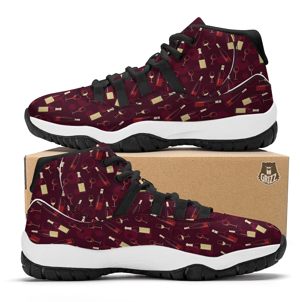 Red Wine Botttle Print Pattern Black Bball Shoes-grizzshop