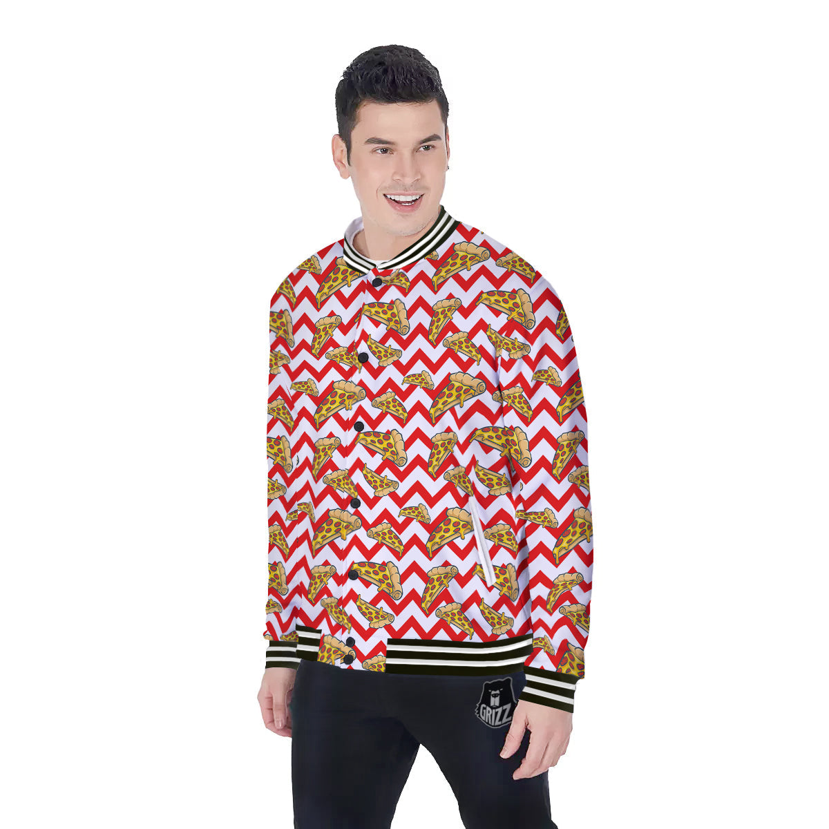 Red Zigzag Pizza Print Pattern Baseball Jacket-grizzshop