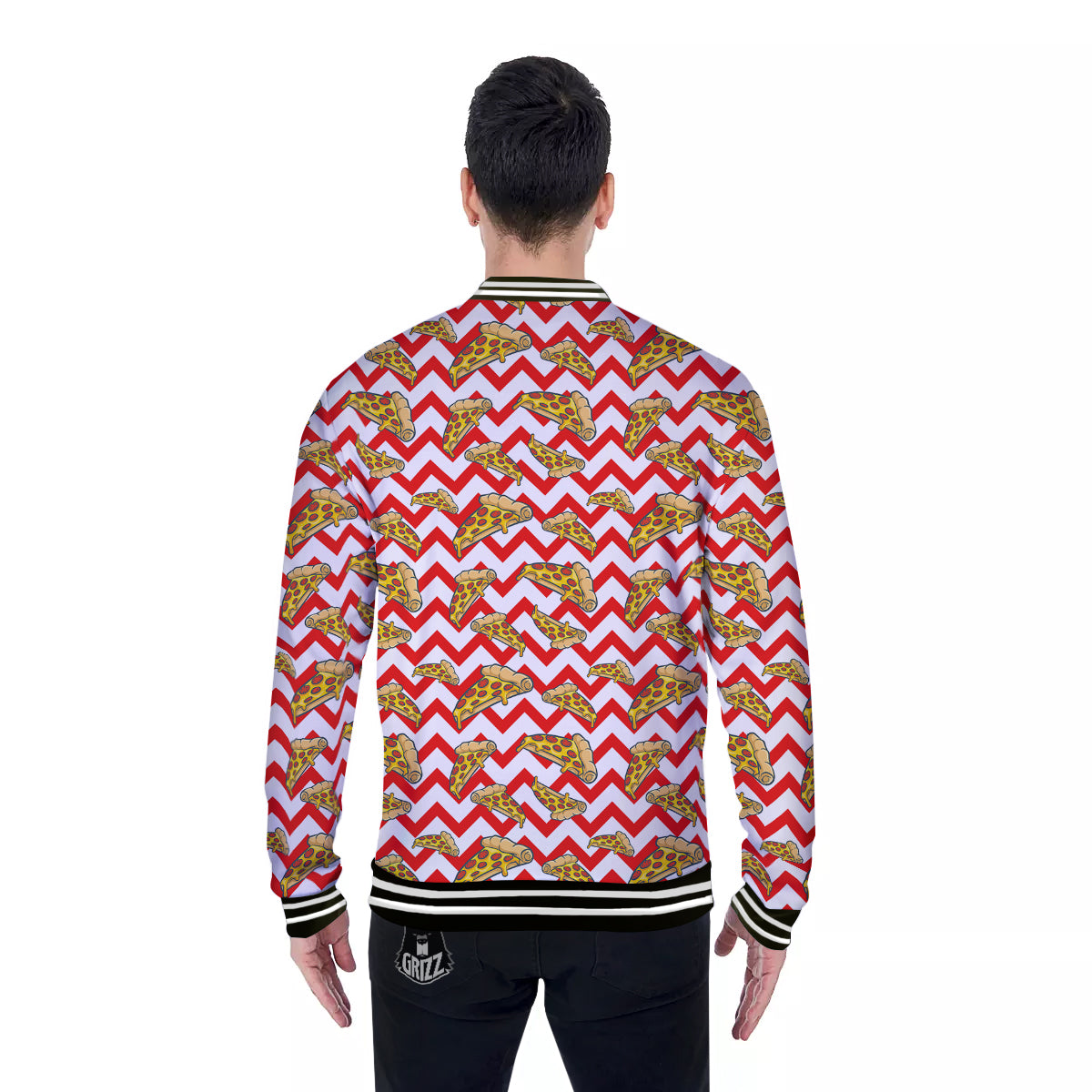 Red Zigzag Pizza Print Pattern Baseball Jacket-grizzshop