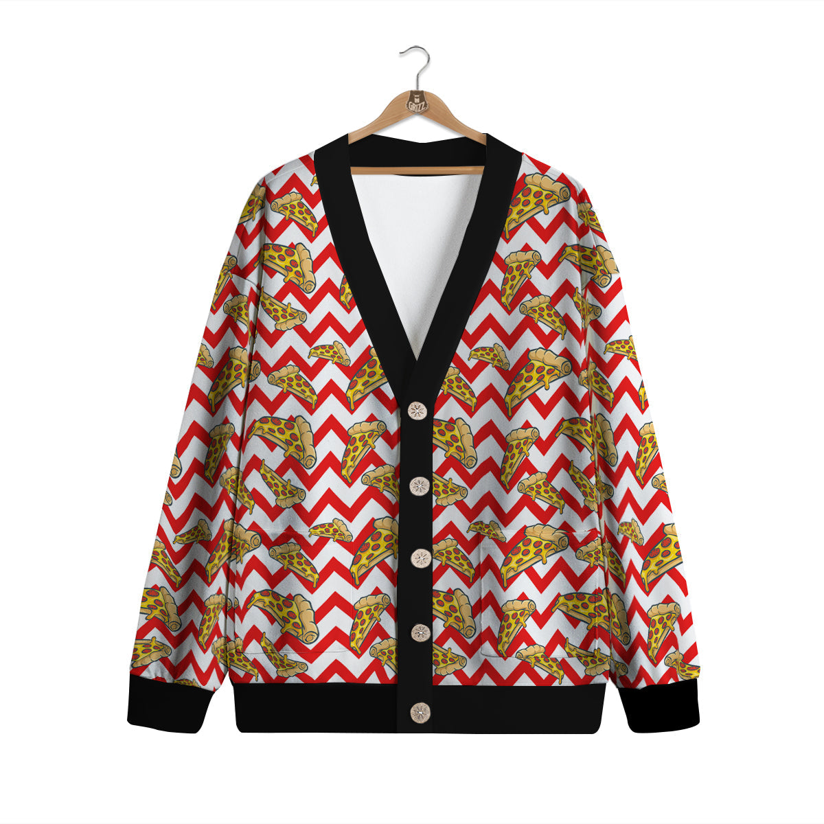 Red Zigzag Pizza Print Pattern Cardigan-grizzshop