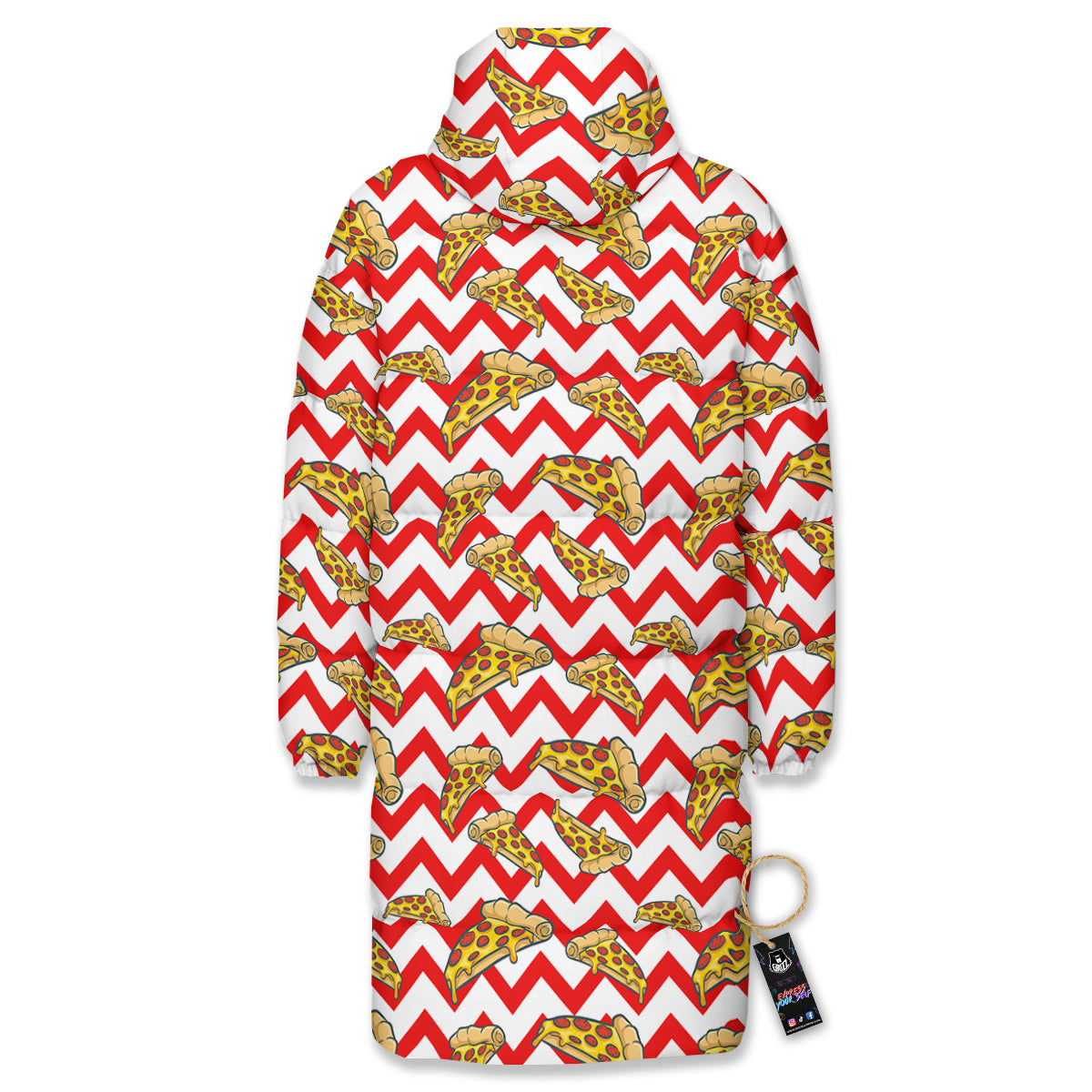 Red Zigzag Pizza Print Pattern Long Down Jacket-grizzshop
