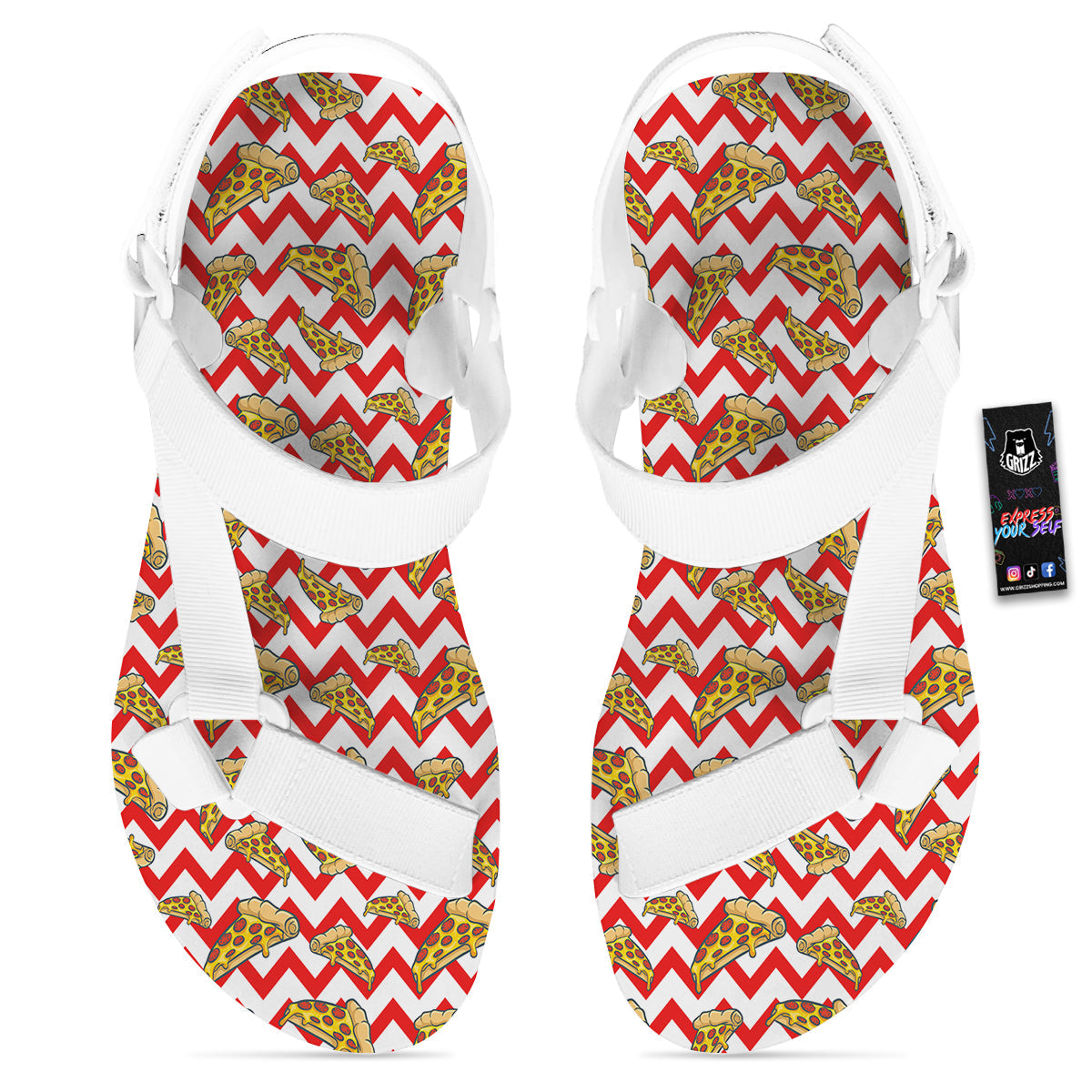 Red Zigzag Pizza Print Pattern White Open Toe Sandals-grizzshop