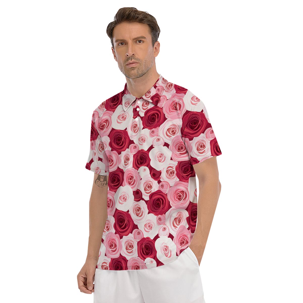 Red And Pink Rose Floral Men's Golf Shirts-grizzshop