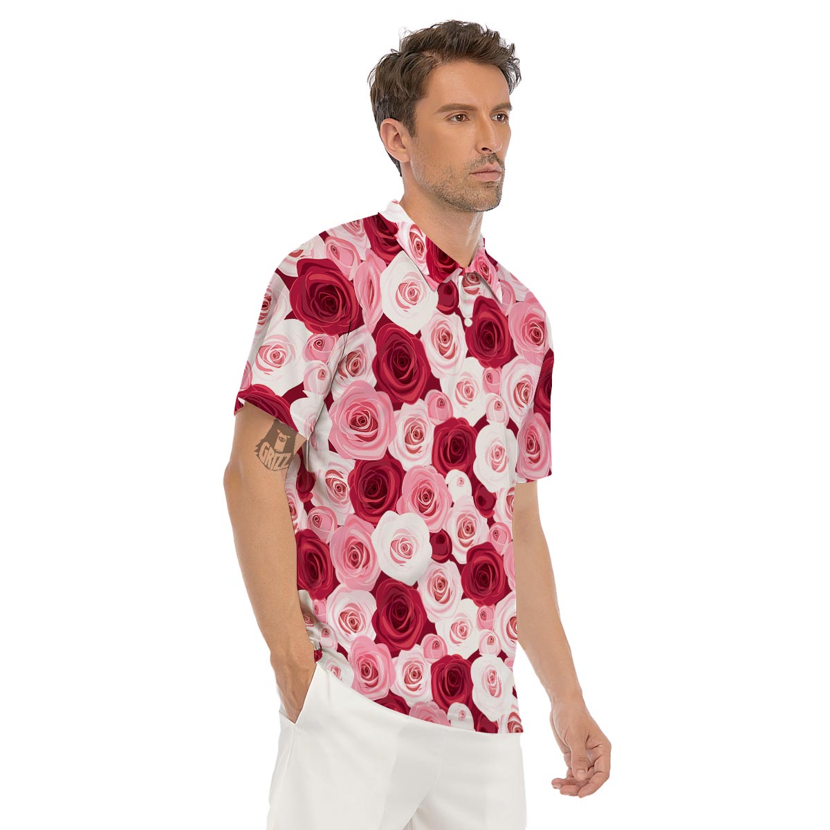 Red And Pink Rose Floral Men's Golf Shirts-grizzshop