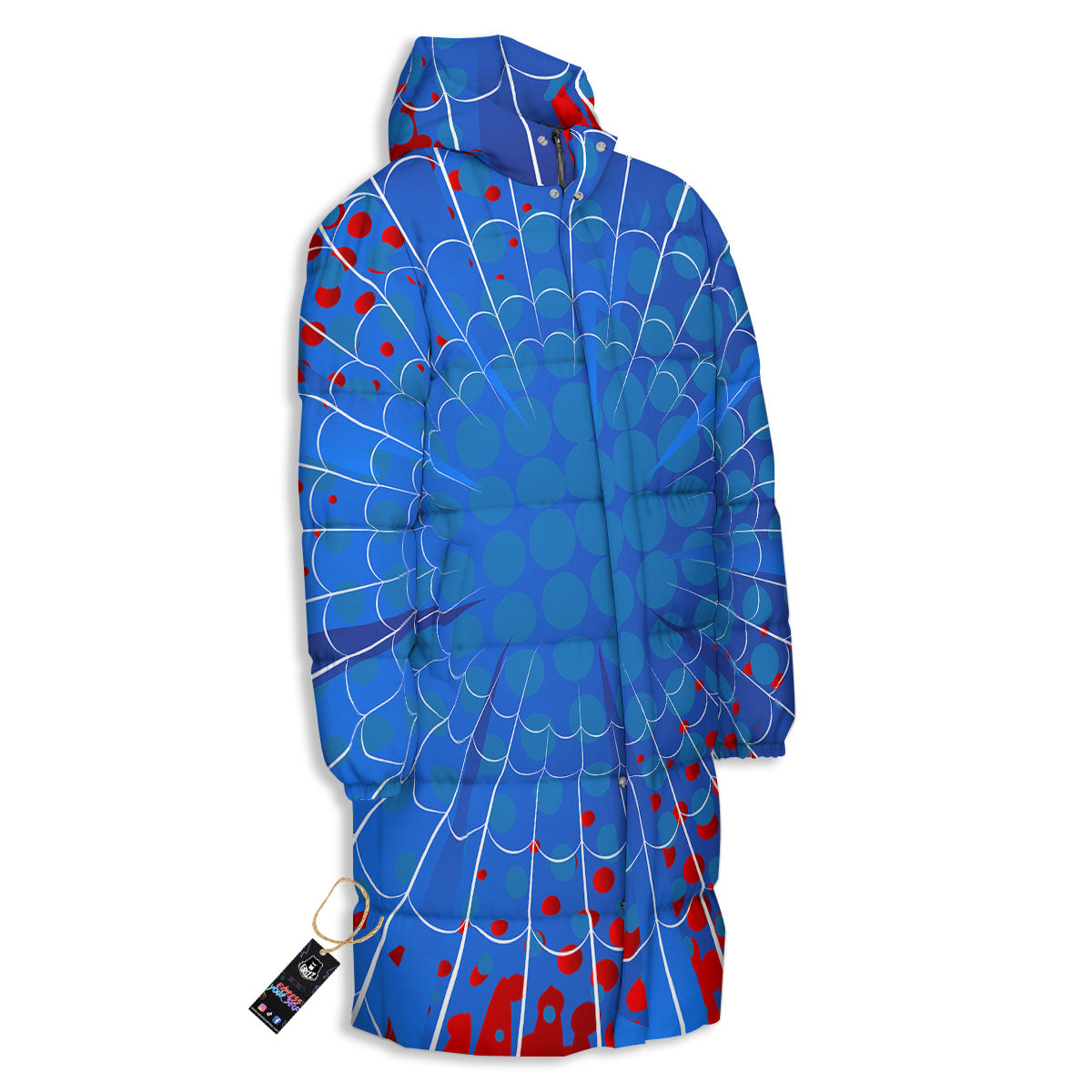 Red And Blue Spider Web Cartoon Print Long Down Jacket