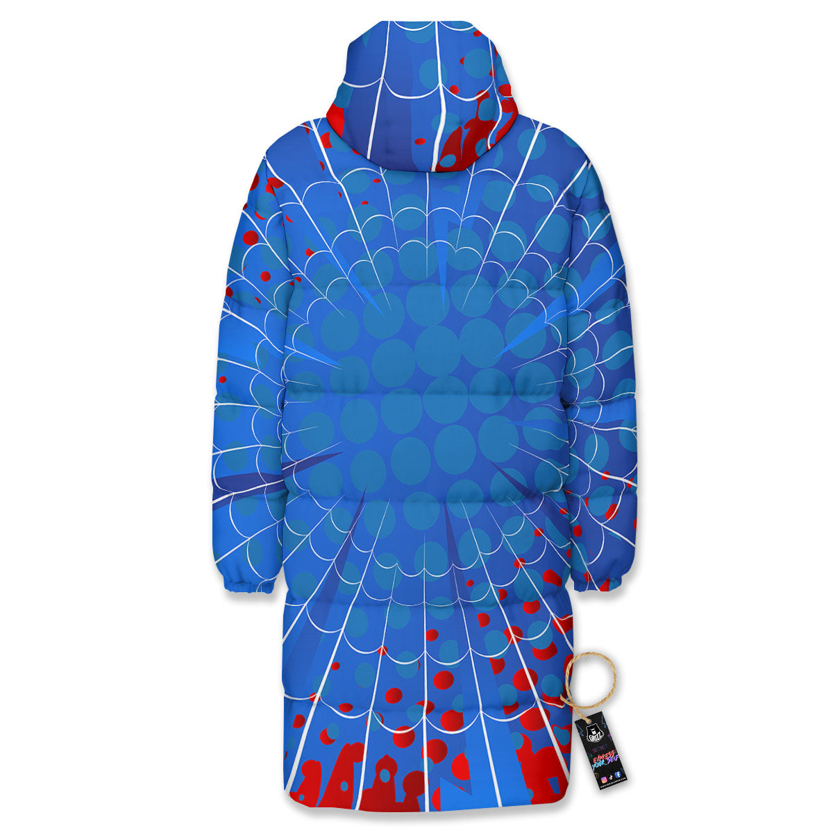 Red And Blue Spider Web Cartoon Print Long Down Jacket