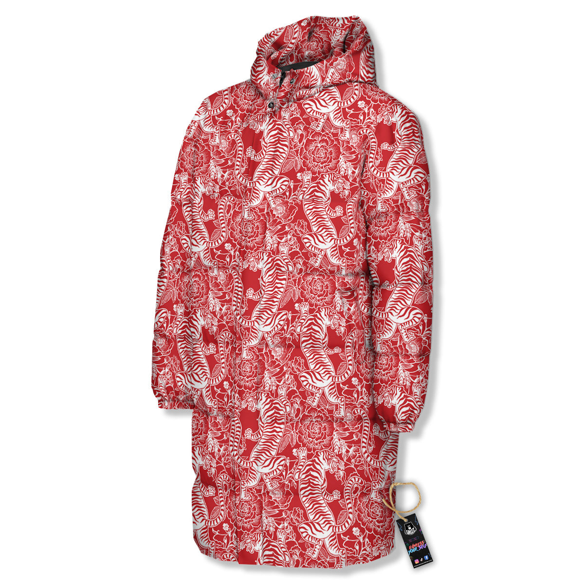 Red And White Chinese Tiger Print Pattern Long Down Jacket